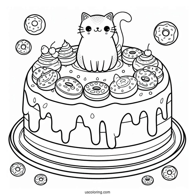 Cute Two-Layered Donut Cake With Cat Topper Coloring In