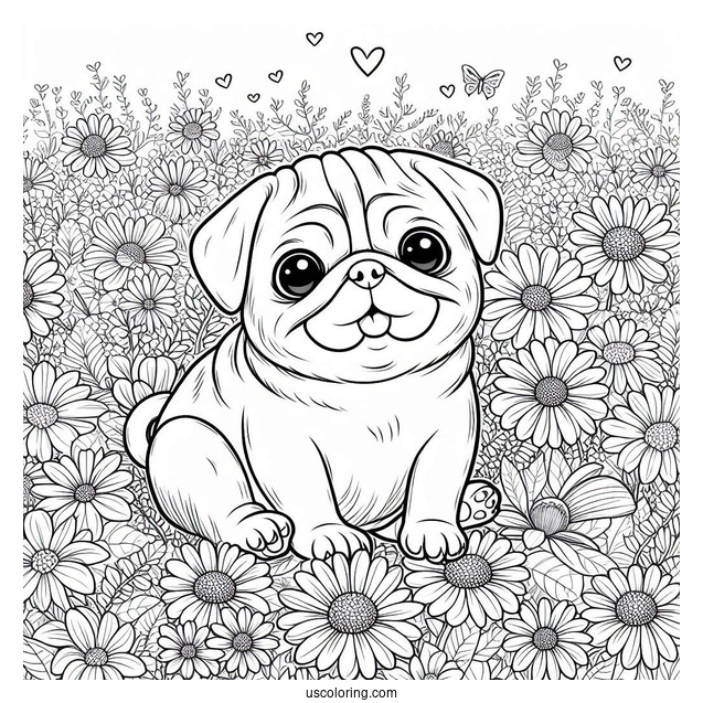 Coloring Sheet Of a Pug In Field Of Flowers