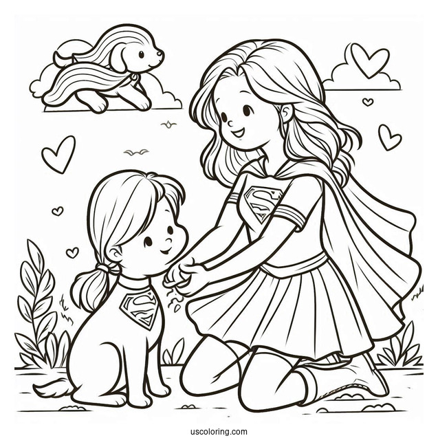 Supergirl Coloring Page Helping A Little Girl And Her Dog