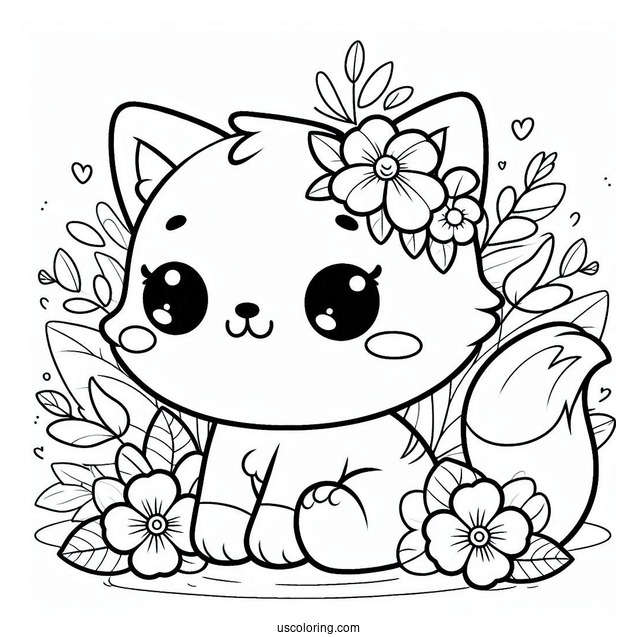 Cartoon Cat With Flowers Coloring In For Preschoolers