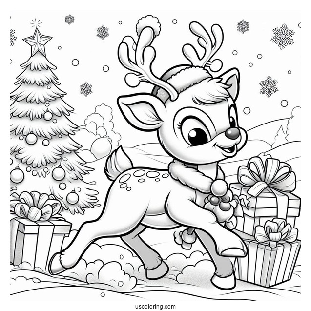 Happy Rudolph Coloring Page Trotting In The Snow With Presents In The Background