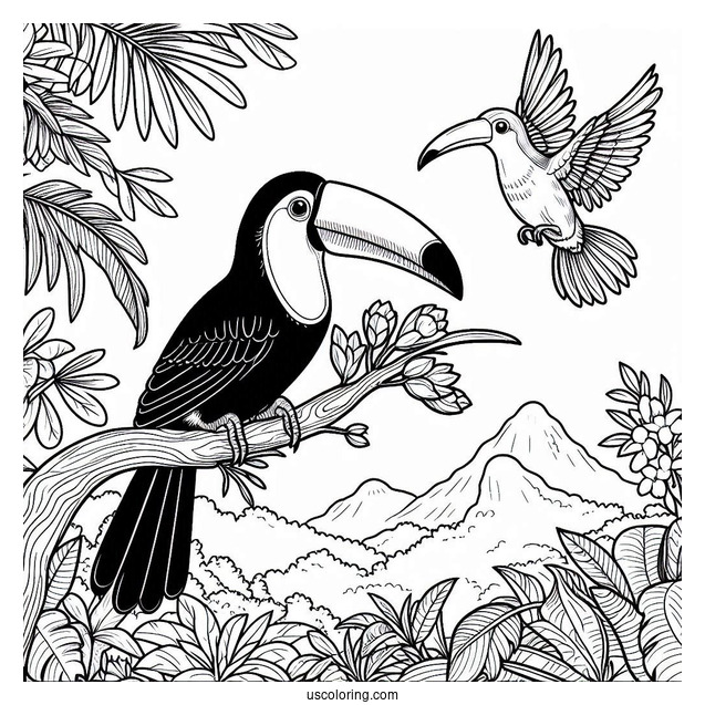 Toucans And Hummingbirds In The Jungle Coloring Page