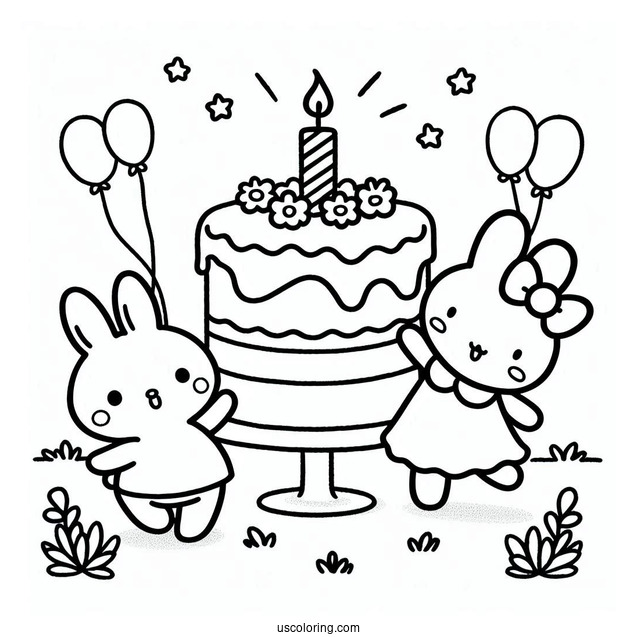 Miffy Coloring Page Of Melanie, And Poppy Pig Dancing In Front Of Birthday Cake