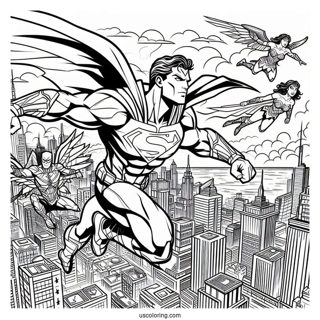 Justice League Coloring Page Flying In The City
