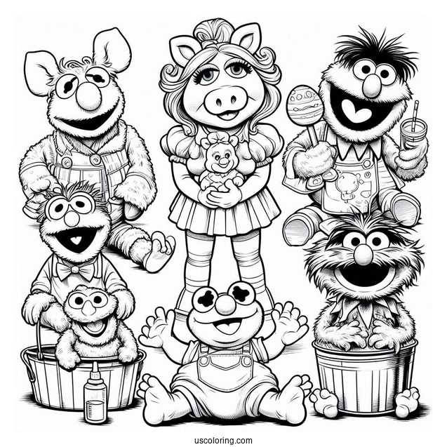Muppets Coloring Page Of Babies Kermit, Miss Piggy, Fozzie, Gonzo, Animal, Rowlf, And Beaker
