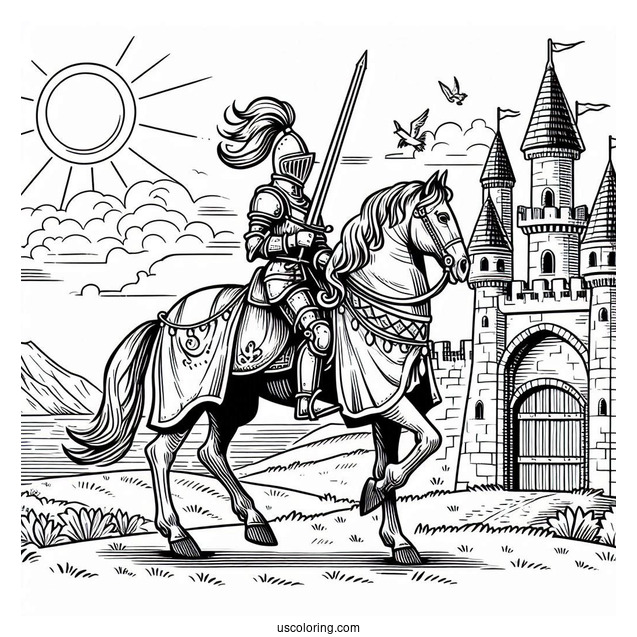 Knight On A Horse Leaving Castle Coloring Sheet