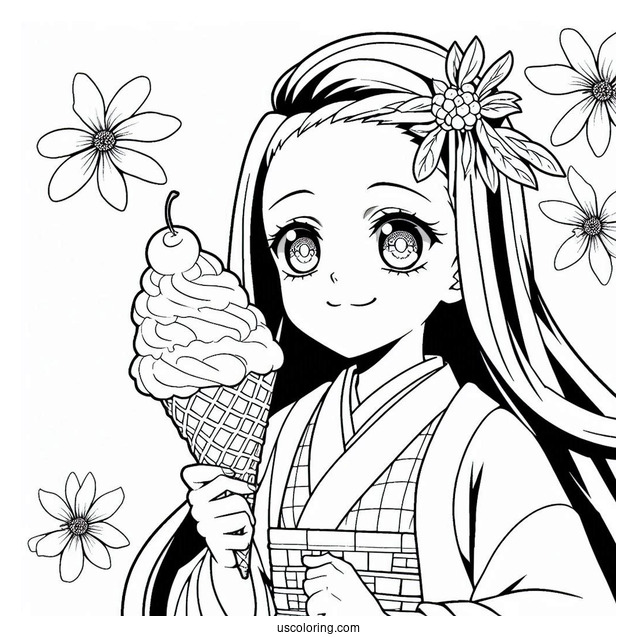 Modern Nezuko Coloring Page And Zenitsu Having Ice Cream