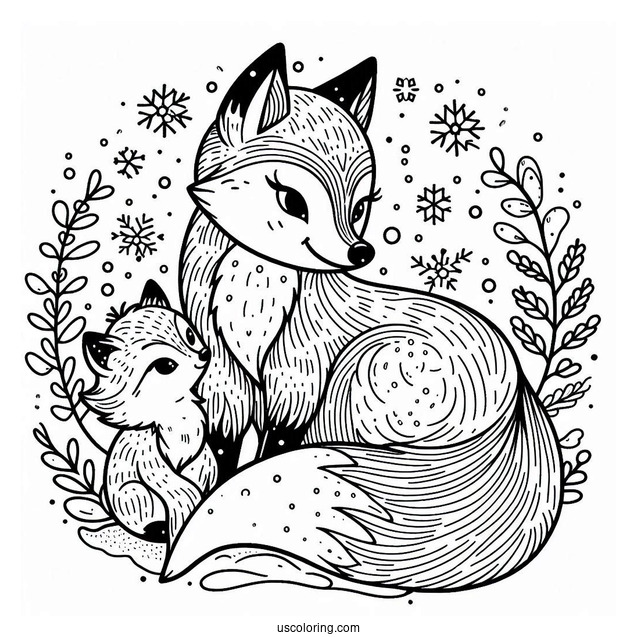 Mother Fox And Baby Fox In Winter Coloring Page For Kids