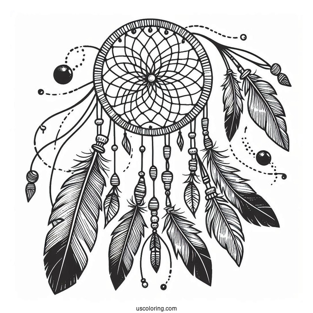 Native American Coloring Page Of Dreamcatcher With Long Feather