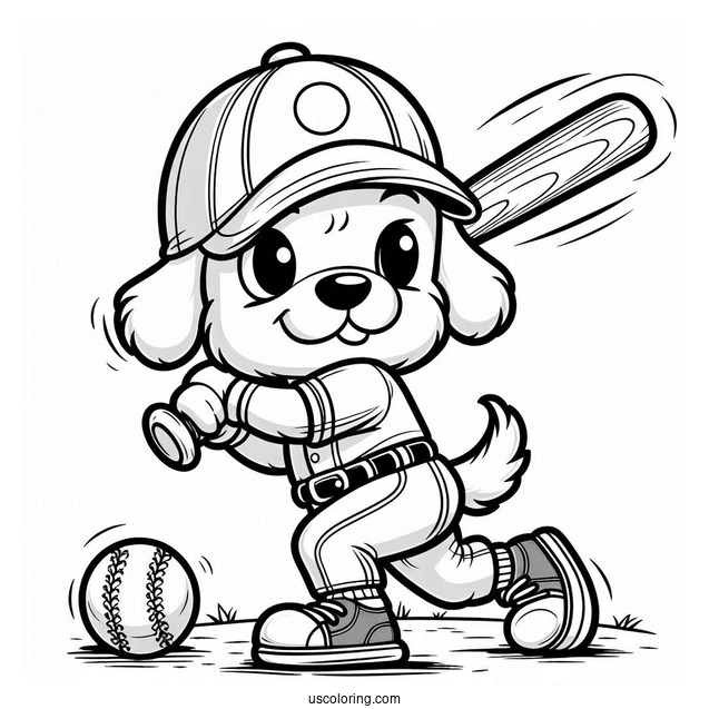 Cartoon Dog in Baseball Coloring Page Uniform Ready to Swing For Kids