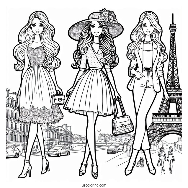 Fashionable Barbie Walkng In Paris Coloring Sheet