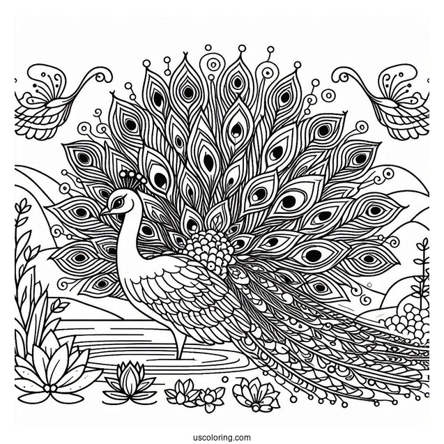 Peacock Coloring Page with Fanned Feathers by Mountain Pond