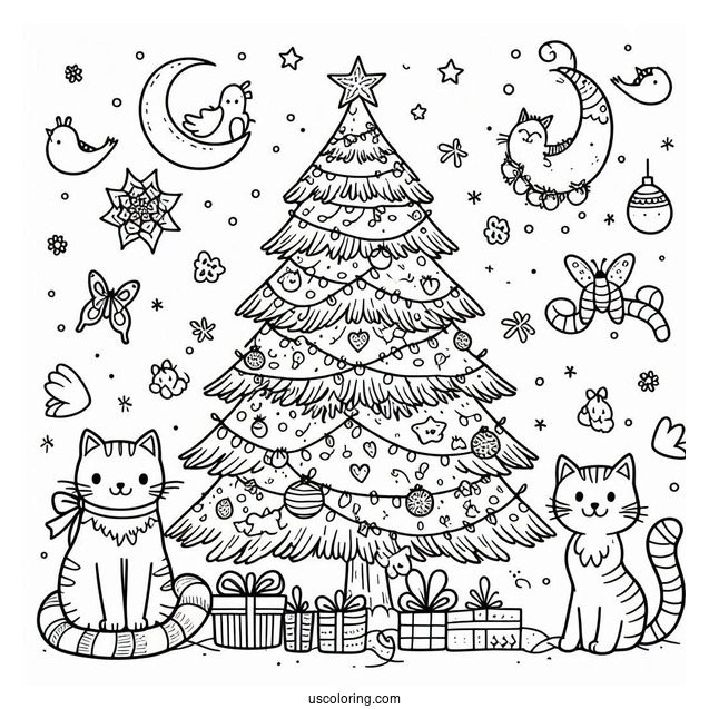 Christmas Tree With Cats Coloring Page