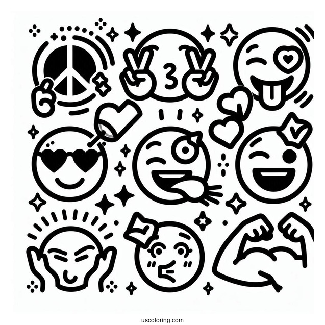 Peace Sign, Winking With Tongue, Heart Eyes, Heart, Raising Hands, Party Popper, Loudly Crying, Hundred Points, Folded Hands, Blow a Kiss, Flexed Biceps, Dizzy Face Emoji Coloring Page