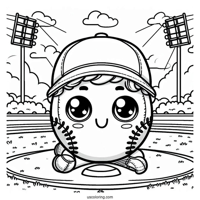 Smiling Baseball Coloring Page at the Ballpark