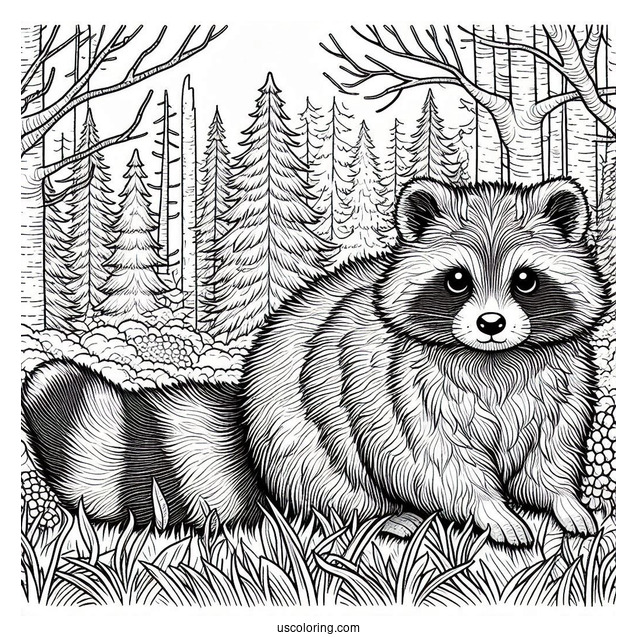 Detailed Furry Raccoon Coloring Page In A Forest