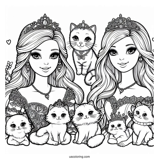 Princess Barbies With Cats Coloring Sheet