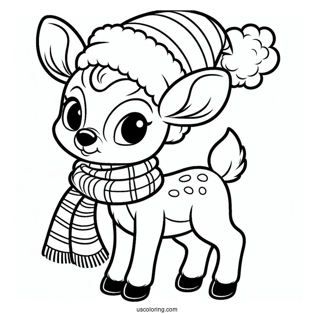 Easy Rudolph Coloring Page Wearing A Santa Hat And A Scarf