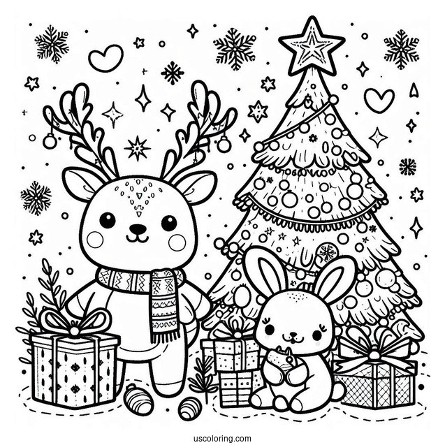Cute Reindeer And Bunny With Christmas Tree