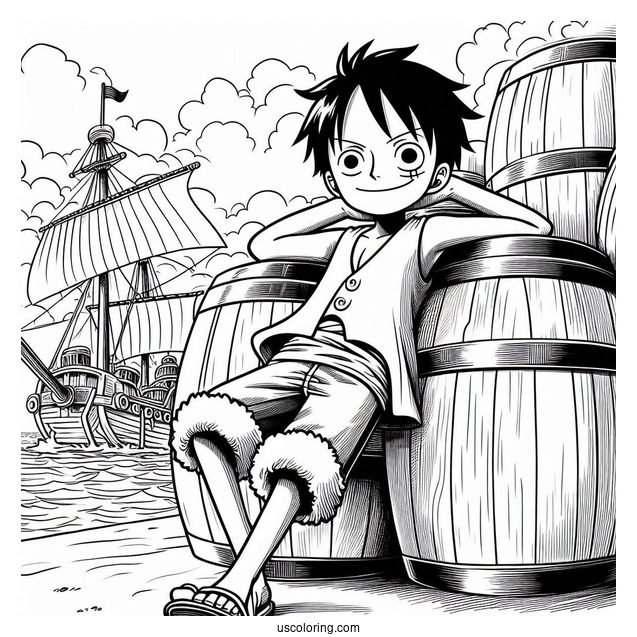 Luffy Coloring Page Leaning On Barrels On Port