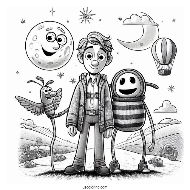 Pixar Coloring Page of Joe Gardner With 22, Moonwind, And Mittens From Soul