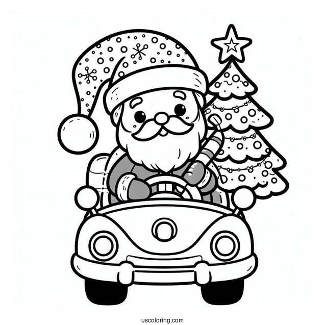 Santa With Christmas Tree On Car