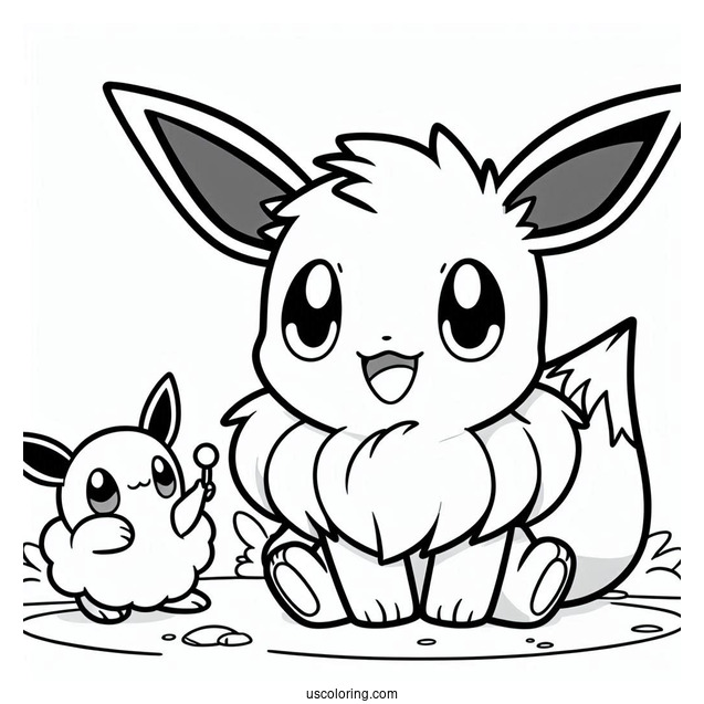 Coloring Page Of Little Eevee Playing With Gengar