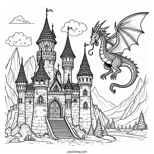 Middle Ages Castle Coloring Page With Dragon
