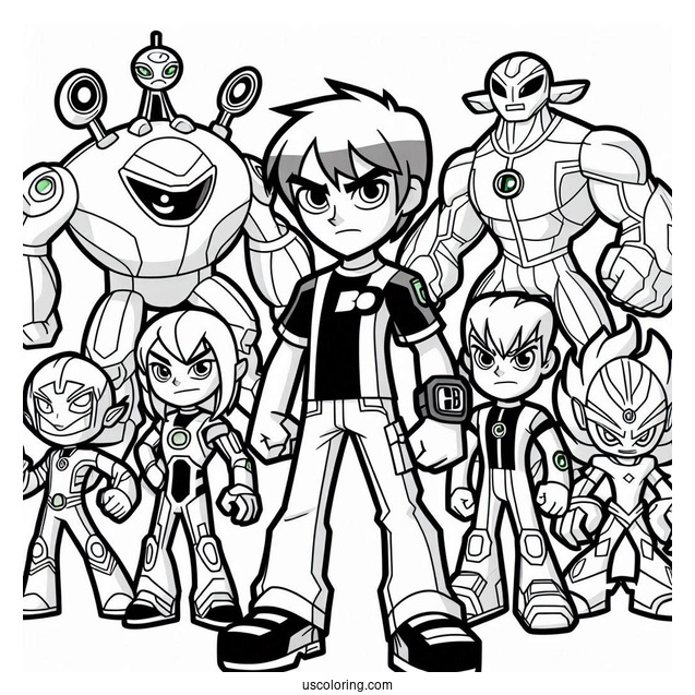 Ben 10 Coloring Page Of Ben Tennyson With All Ten Aliens