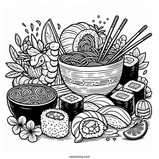 Sushi Coloring Pages Nigiri, Maki, Uramaki, Inaru, And Temari Sushi Bursting From A Ramen