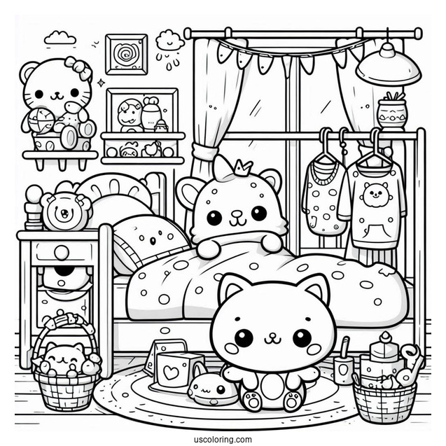 Kawaii Kid's Bedroom Coloring Page Full Of Toys For Kids