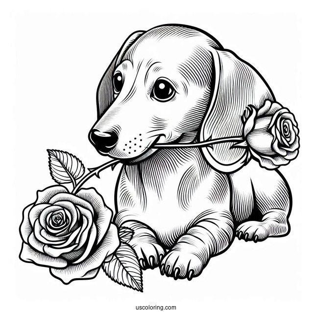 Dachshund Coloring Page Biting Down Rose