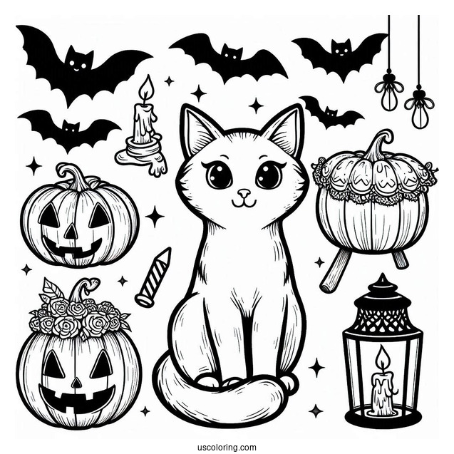 Cats With Bats Halloween Coloring Pages