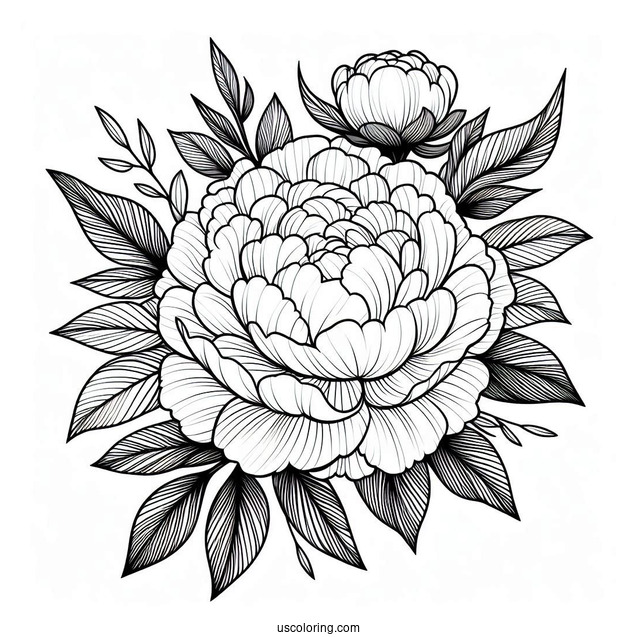 Flower Coloring Pages Of Peony With Leaves