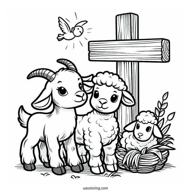Goat, Lamb, And Donkey Under A Wooden Cross Coloring Page For Kids