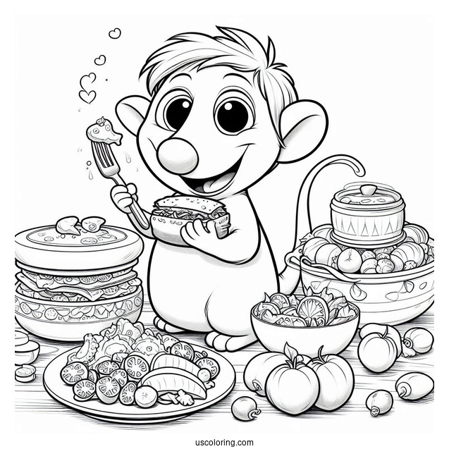 Cute Ratatouille Coloring Page Eating leftovers With Emile