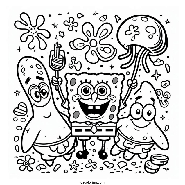 SpongeBob, Squidward, And Patrick Coloring Sheet