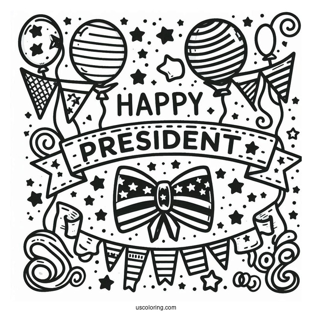 Easy Happy President s Day Banner With Stars And Balloons Coloring Sheet For Kids