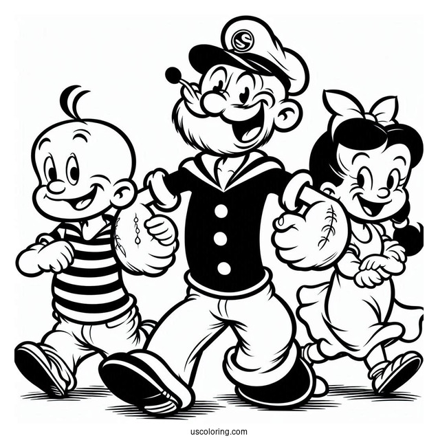 Popeye Coloring Page Carrying Swee Pea, Eugene, And Olive Oyl