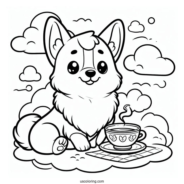 Cartoon Corgi Coloring Page In The Clouds Having Tea