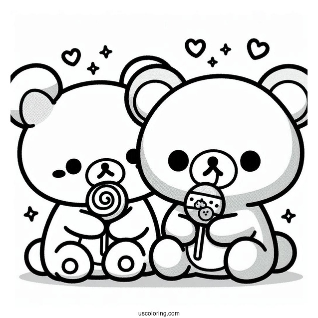Kawaii Korilakkuma And Kiiroitori Eating Lollipop On Top Of Rilakkuma Coloring Page