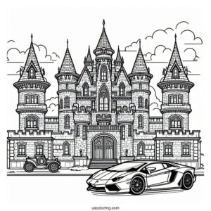 Castle Coloring Page Of Modern Castle With Sports Car