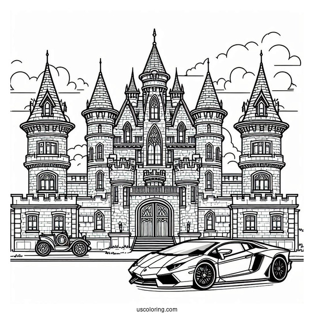 Castle Coloring Page Of Modern Castle With Sports Car
