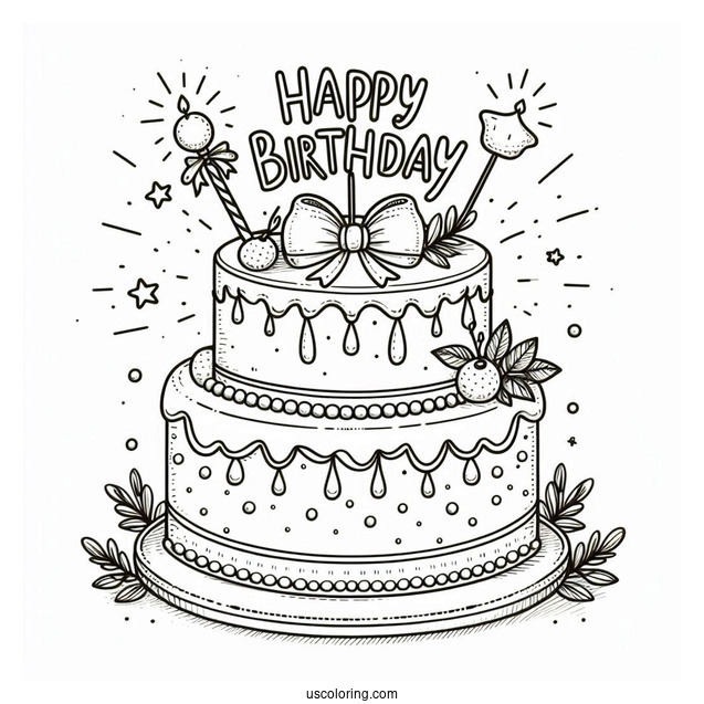 Cake With Happy Birthday Topper Coloring Sheet
