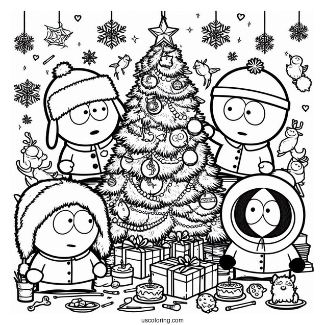 Detailed South Park Coloring Page Of Kyle, Kenny, Stan, And Eric Decorating Christmas Tree With Forest Animals