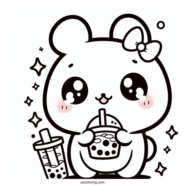 Adorable Pochacco Coloring Page Drinking Boba Tea For Kids