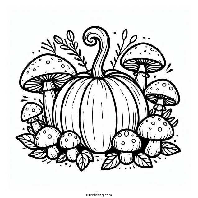 Simple Pumpkin Coloring Page With Mushrooms For Kids