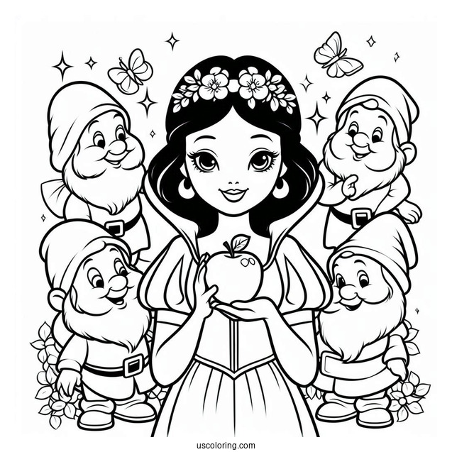 Coloring Page Of Show White Holding Apple With Dwarfs