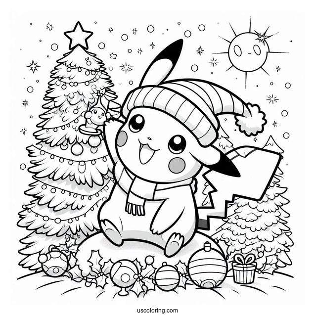 Pokemon Christmas Coloring Page Pikachu Waving From On Top Of A Christmas Tree For Kids