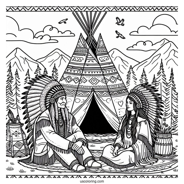 Native American Coloring Page Chief And His Wife Sitting Outside Tepee